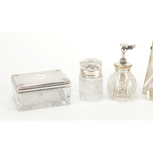 11 - Victorian and later objects including two glass pots with silver lids retailed by Briggs, rectangula... 