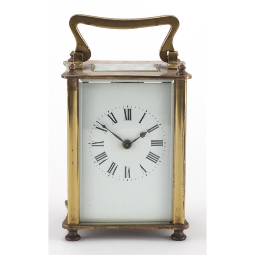 1277 - French brass cased carriage clock with enamelled dial and Roman numerals, 11cm high