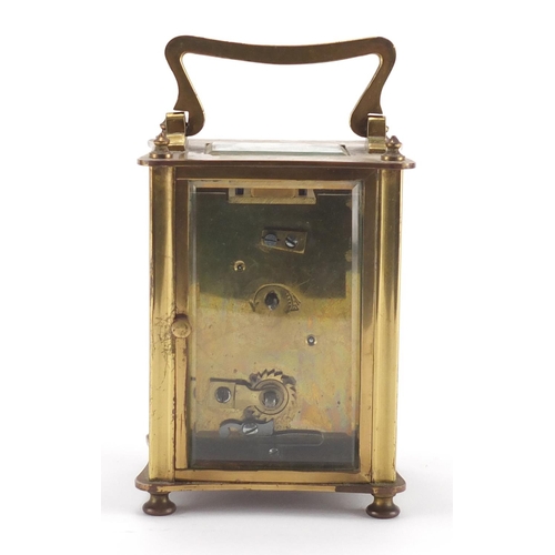 1277 - French brass cased carriage clock with enamelled dial and Roman numerals, 11cm high