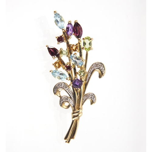 1079 - 9ct gold multi gem floral spray brooch, 4.5cm in length, approximate weight 4.2g