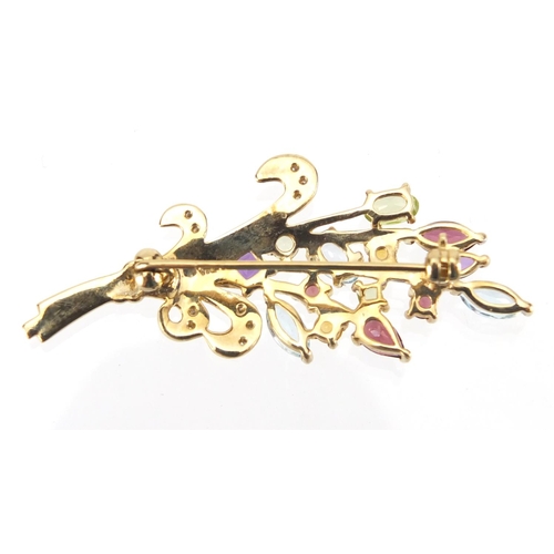 1079 - 9ct gold multi gem floral spray brooch, 4.5cm in length, approximate weight 4.2g