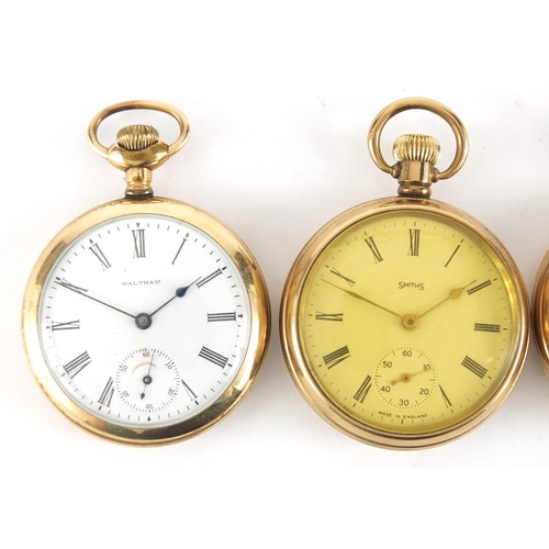 1254 - Three gentleman's gold plated open face pocket watches, including Waltham and Smith's