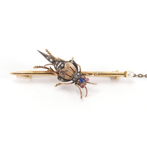 1061 - Continental gold insect brooch, set with diamonds, rubies, sapphire and pearl, 5.5cm in length, appr... 