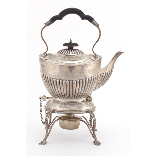 177 - Victorian silver demi fluted teapot on stand,with burner, by James Deakin & Sons, Sheffield 1900, 28... 