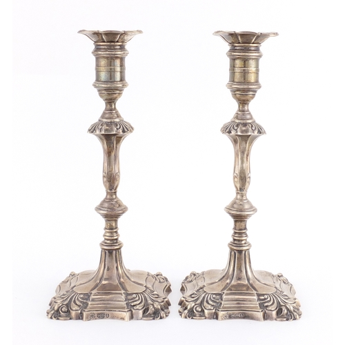 184 - Pair of silver candlesticks, by George Edward & Sons of Glasgow, Sheffield 1918, 25cm high, approxim... 