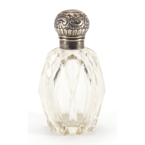 10 - Victorian cut glass scent bottle with embossed silver lid, by John Grinsell & Sons London 1898, 14.5... 