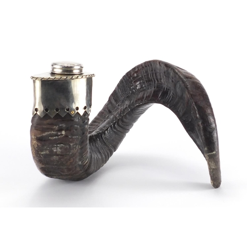 104 - Horn snuff mull with silver plated mounted and silver lid, Birmingham 1918,17.5cm high