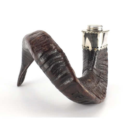 104 - Horn snuff mull with silver plated mounted and silver lid, Birmingham 1918,17.5cm high