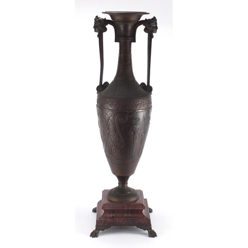 85 - 19th century Neo classical patinated bronze twin handled vase, signed F Barbedienne, raised on a red... 