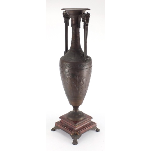 85 - 19th century Neo classical patinated bronze twin handled vase, signed F Barbedienne, raised on a red... 