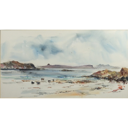 1476 - Ken Lochhead - Coastal scene with figures, watercolour, label verso, mounted and framed, 55cm x 30cm