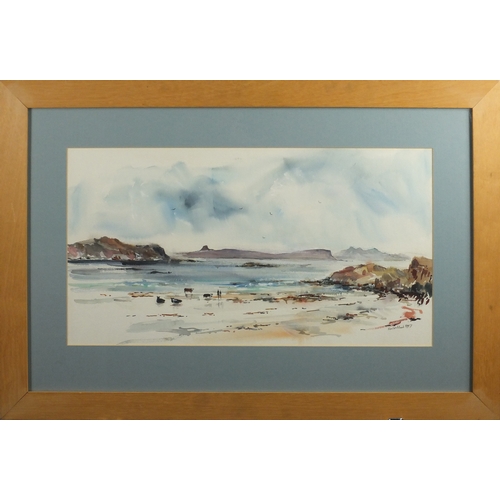 1476 - Ken Lochhead - Coastal scene with figures, watercolour, label verso, mounted and framed, 55cm x 30cm