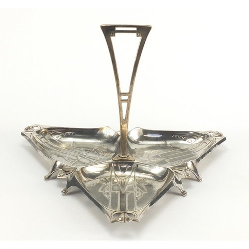 1022 - Art Nouveau WMF silver plated pewter trefoil dish, impressed marks to the base, 26cm high