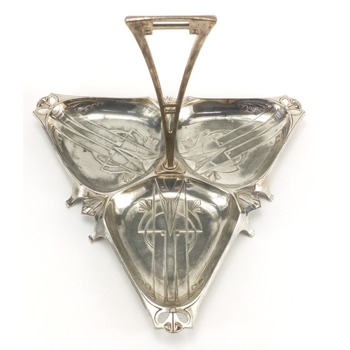 1022 - Art Nouveau WMF silver plated pewter trefoil dish, impressed marks to the base, 26cm high