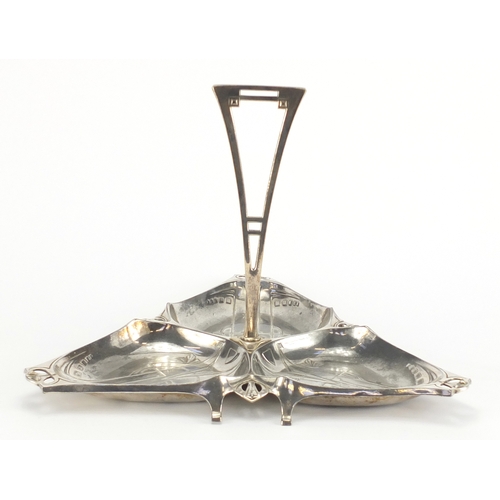 1022 - Art Nouveau WMF silver plated pewter trefoil dish, impressed marks to the base, 26cm high