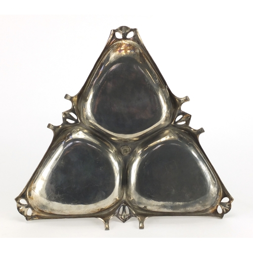 1022 - Art Nouveau WMF silver plated pewter trefoil dish, impressed marks to the base, 26cm high