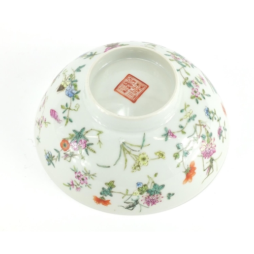 561 - Chinese porcelain footed bowl, finely hand painted in the famille rose palette with crickets amongst... 