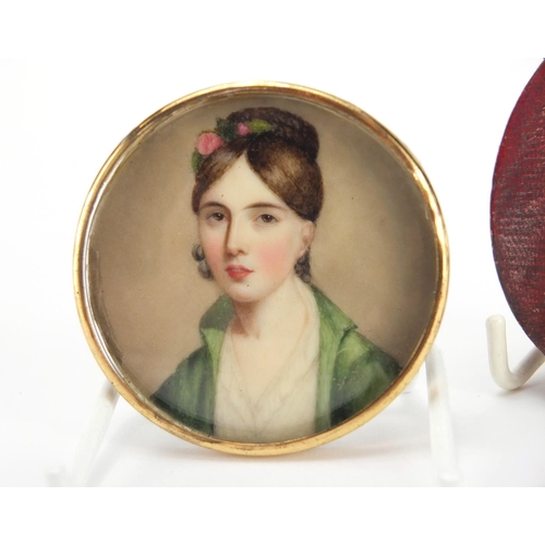 4 - Georgian hand painted portrait miniature of Miss J Herries, housed in a silk and velvet lined leathe... 