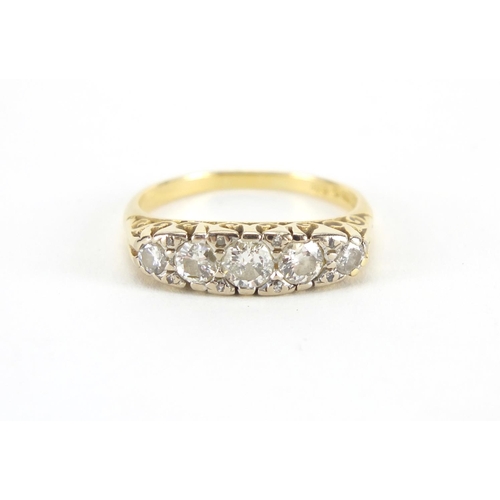 1077 - 18ct gold diamond five stone ring, size P, approximate weight 4.5g