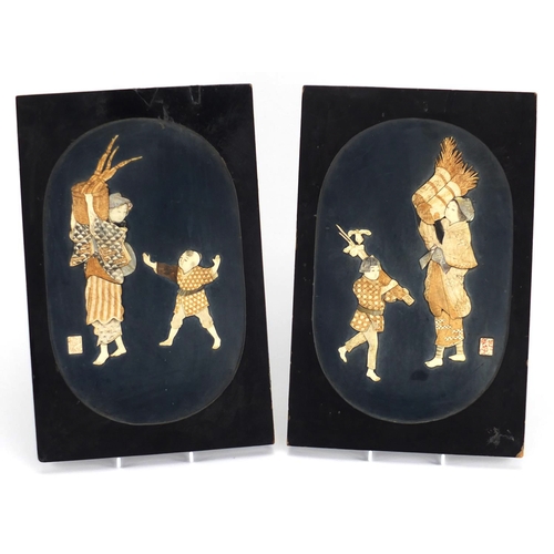 737 - Pair of Japanese lacquered panels, each decorated with two figures, inlaid with ivory, bone and Moth... 