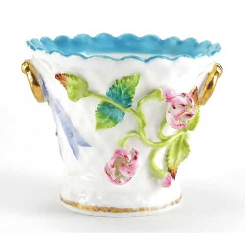 812 - 19th century Derby floral encrusted porcelain butter pail with twin gilt handles, painted marks to t... 
