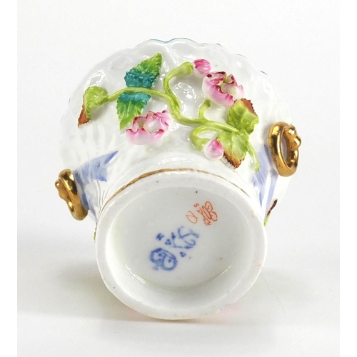 812 - 19th century Derby floral encrusted porcelain butter pail with twin gilt handles, painted marks to t... 