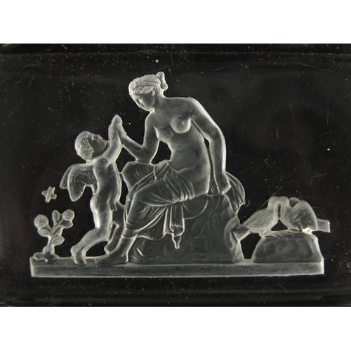 2313 - Baccarat glass dish with canted corners, etched with a semi nude maiden and cupid, 12.5cm x 8cm