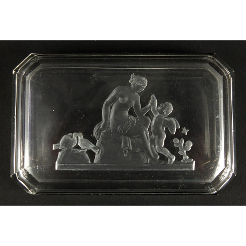 2313 - Baccarat glass dish with canted corners, etched with a semi nude maiden and cupid, 12.5cm x 8cm