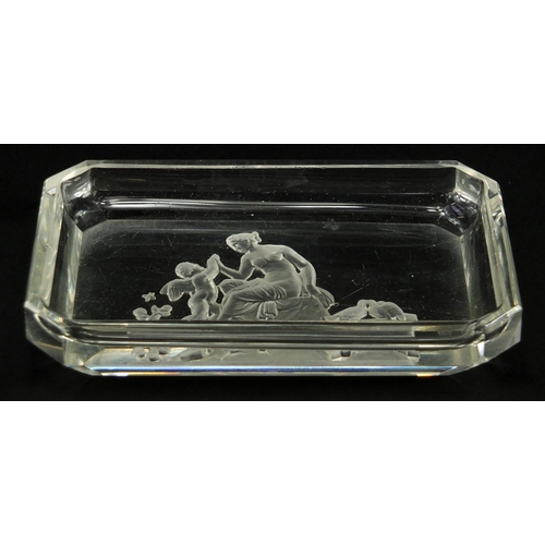 2313 - Baccarat glass dish with canted corners, etched with a semi nude maiden and cupid, 12.5cm x 8cm