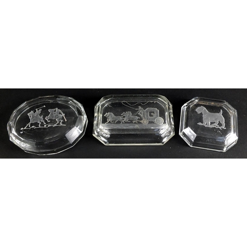 2192 - Three Baccarat glass pin dishes including one etched with a horse drawn carriage, the largest 9.5cm ... 