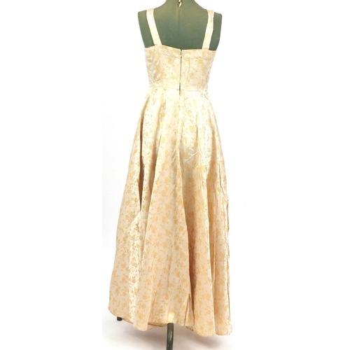 2256 - 1930's dress embroidered with gold roses, 120cm in length