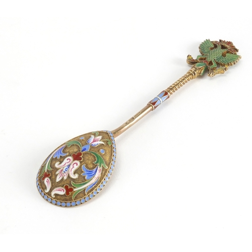 172 - Unusual Russian silver gilt and champlevé enamel spoon by Faberge, with double-headed eagle terminal... 