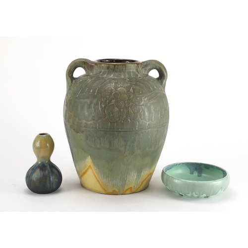 983 - Art pottery including Lemon & Son Wesuma Ware pottery vase with twin handles and a Nowell dish, deco... 