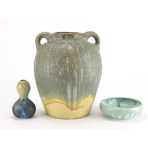 983 - Art pottery including Lemon & Son Wesuma Ware pottery vase with twin handles and a Nowell dish, deco... 