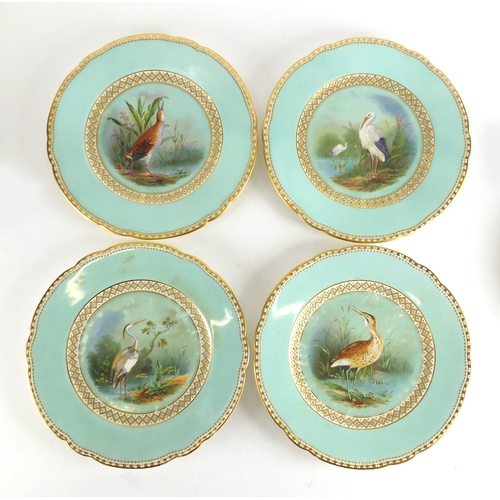 832 - Set of twelve Victorian porcelain cabinet plates, each with a central enamelled and hand painted pan... 