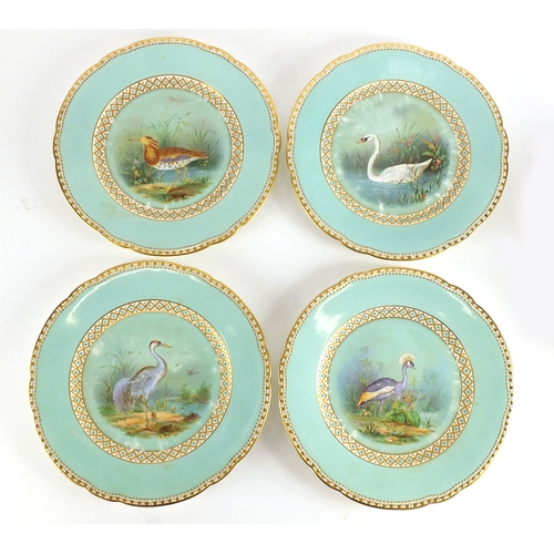 832 - Set of twelve Victorian porcelain cabinet plates, each with a central enamelled and hand painted pan... 
