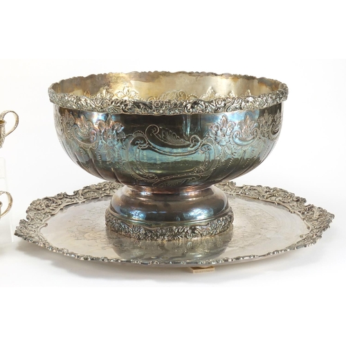 2276 - Silver plated punch bowl with tray and six punch cups, the bowl 22.5cm high, the tray 50.5cm in diam... 