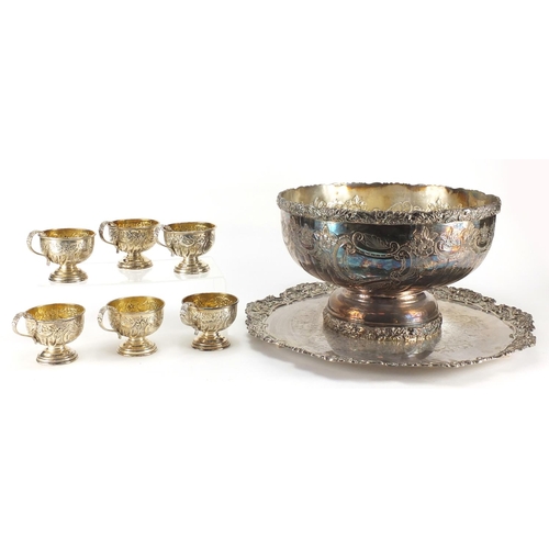 2276 - Silver plated punch bowl with tray and six punch cups, the bowl 22.5cm high, the tray 50.5cm in diam... 