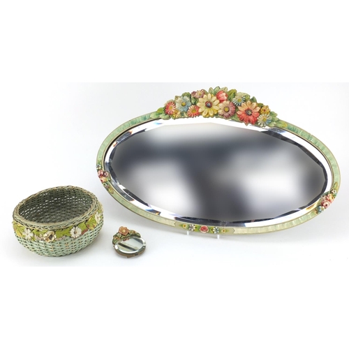 2345 - Two barbola style mirrors with bevelled glass and a similar bowl, the largest 63.5cm wide