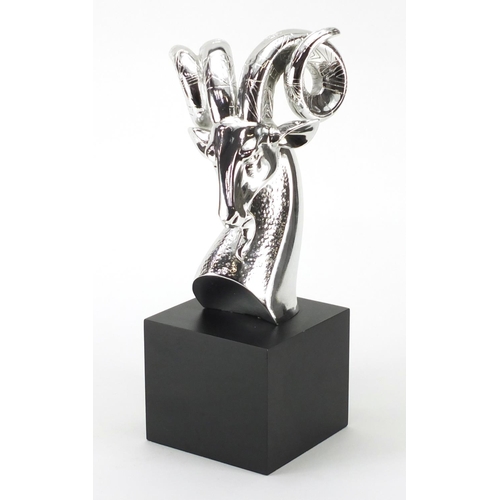 2270 - Silvered bust of an antelope, raised on a black block base, 39.5cm high