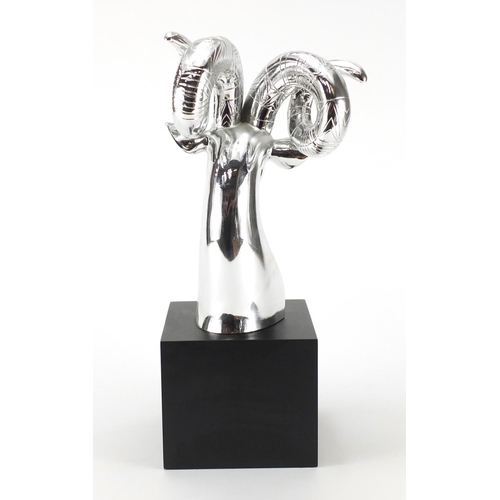 2270 - Silvered bust of an antelope, raised on a black block base, 39.5cm high