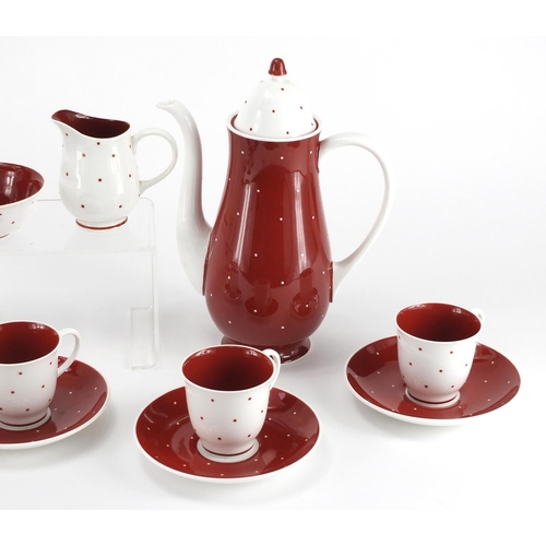 2263 - Susie Cooper Polka Dot six place coffee service, the coffee pot 24cm high