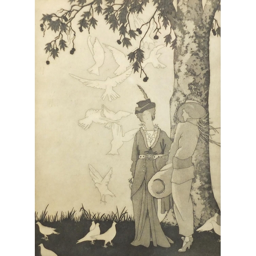 2338 - Two females surrounded by doves, 1920's French school etching, framed, 32cm x 23cm