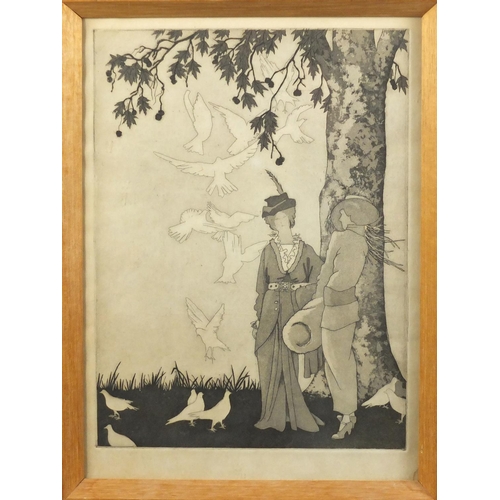 2338 - Two females surrounded by doves, 1920's French school etching, framed, 32cm x 23cm