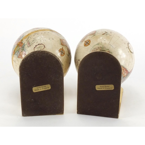 2200 - Pair of Reploge World Classic globe brass bookends, each 16cm high