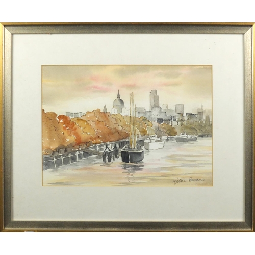 2203 - Gillian Burrows - Embankment, London, pen and watercolour, labels verso, mounted and framed, 35.5cm ... 