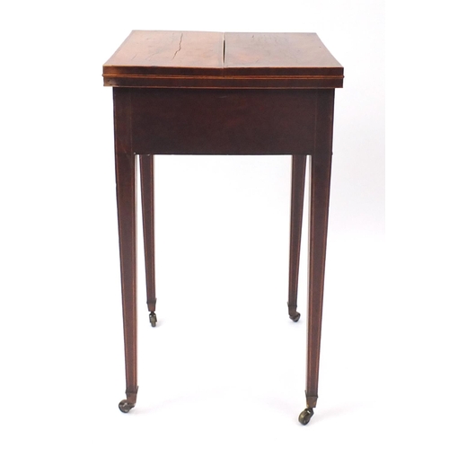 2044 - Georgian inlaid mahogany work table, with fold over flaps above a frieze drawer on tapering legs, 79... 