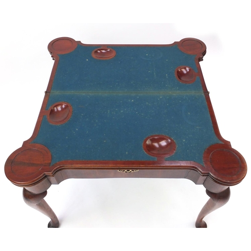 2007 - Georgian style inlaid mahogany twin folding card/games table, with eared corners, 69cm H x 89cm W x ... 