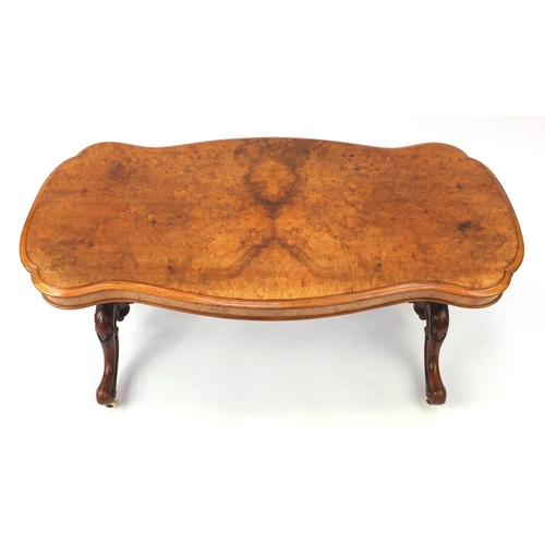 2068 - Victorian burr walnut coffee table with carved scrolling feet, 51cm H x 110cm W x 56cm D