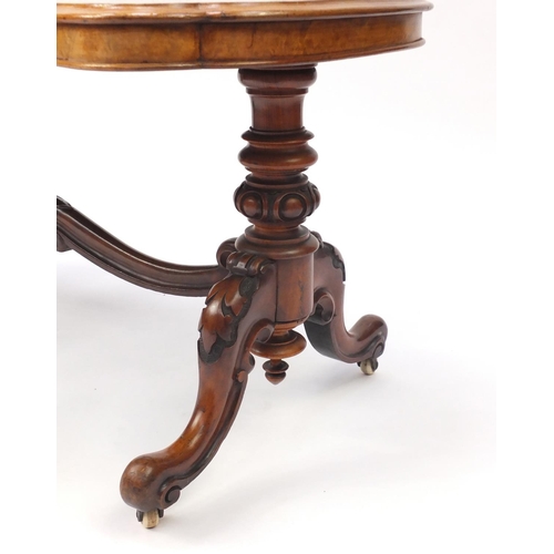 2068 - Victorian burr walnut coffee table with carved scrolling feet, 51cm H x 110cm W x 56cm D